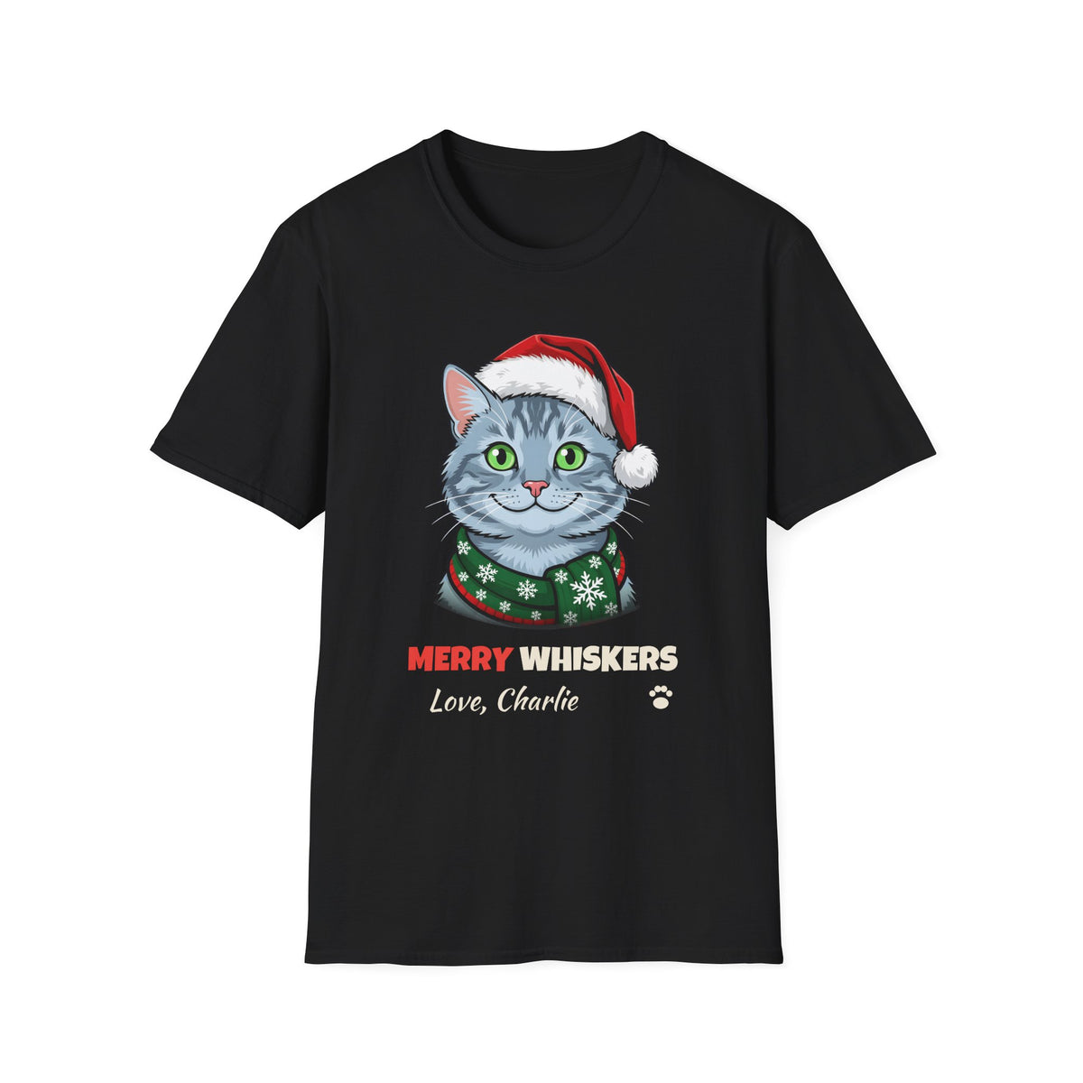 Merry Whiskers Gray Cat Christmas t-shirt in Black, front view
