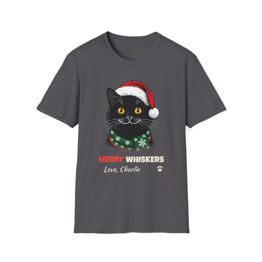 Merry Whiskers Black Cat Christmas t-shirt in Charcoal, front view