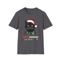 Merry Whiskers Black Cat Christmas t-shirt in Charcoal, front view
