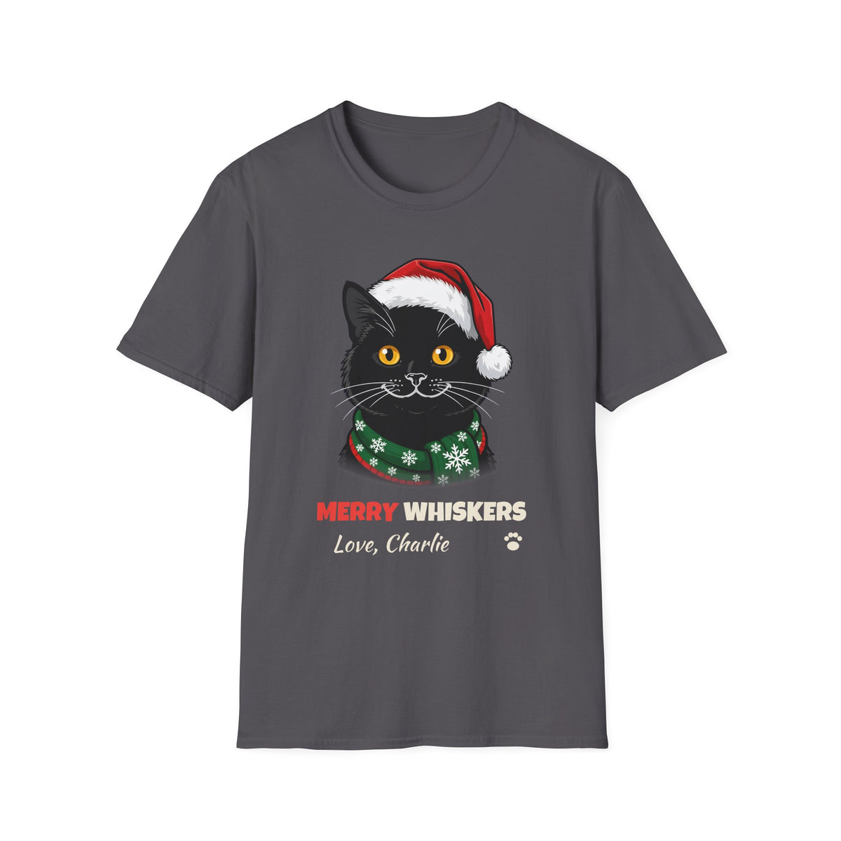 Merry Whiskers Black Cat Christmas t-shirt in Charcoal, front view