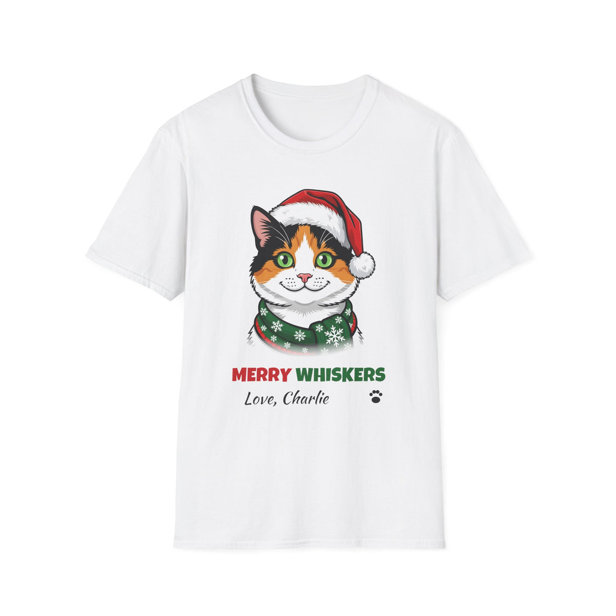 Merry Whiskers Calico Cat Christmas t-shirt in White, front view