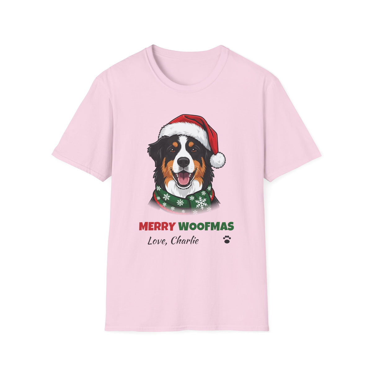 Merry Woofmas Australian Shepherd Christmas t-shirt in Light Pink, front view