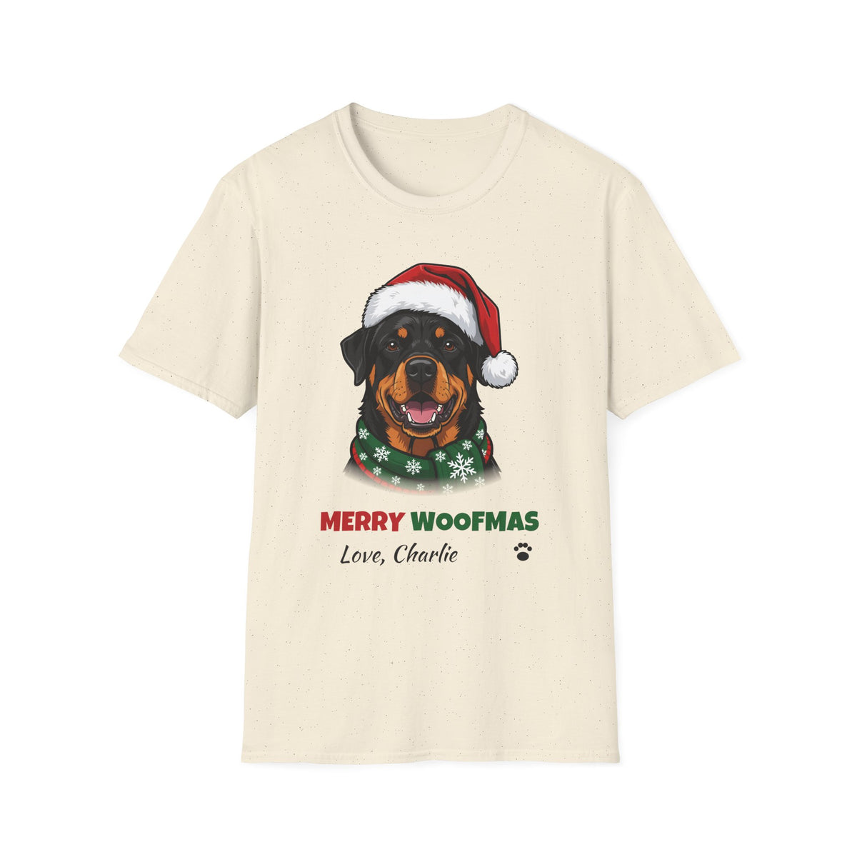 Merry Woofmas Rottweiler Christmas t-shirt in Natural, front view