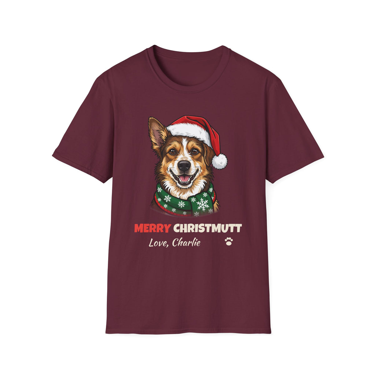 Merry Christmutt Mixed Breed Christmas t-shirt in Maroon, front view