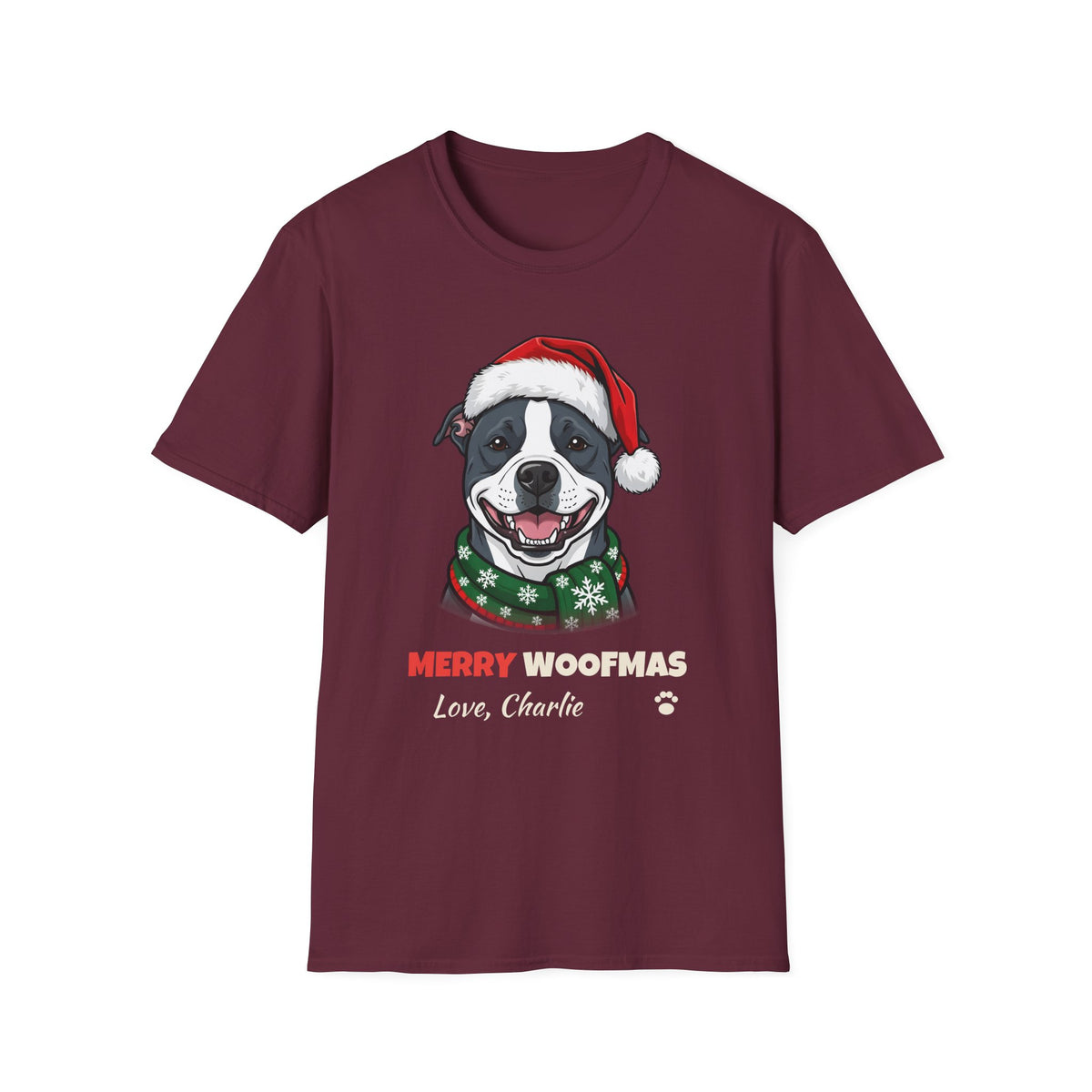 Merry Woofmas Blue Pit Bull Christmas t-shirt in Maroon, front view