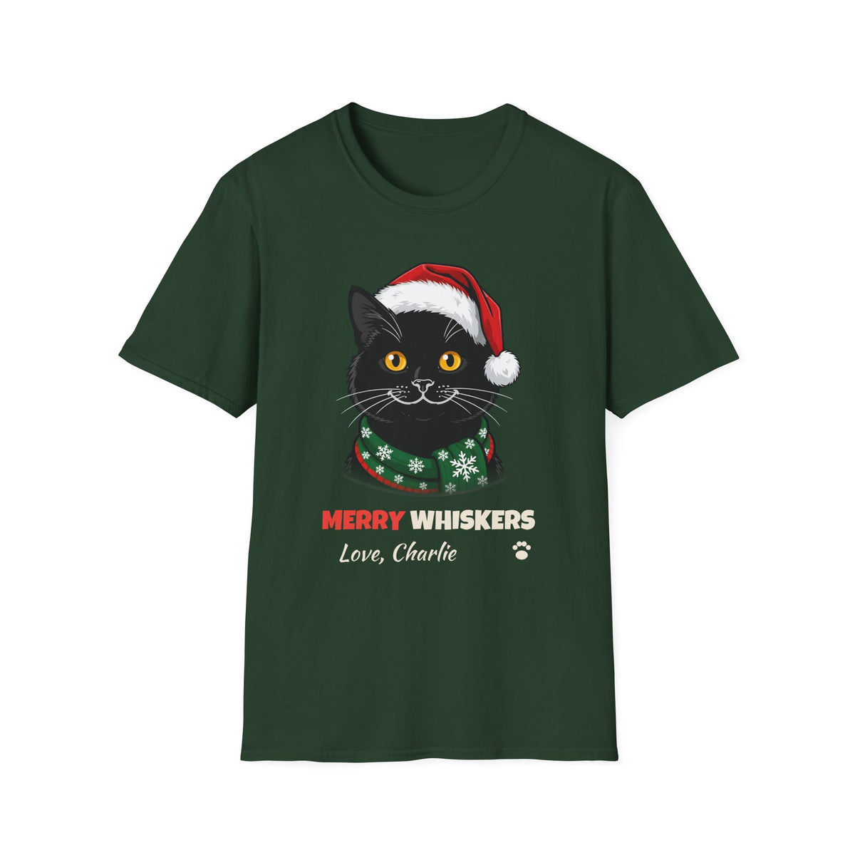 Merry Whiskers Black Cat Christmas t-shirt in Forest Green, front view