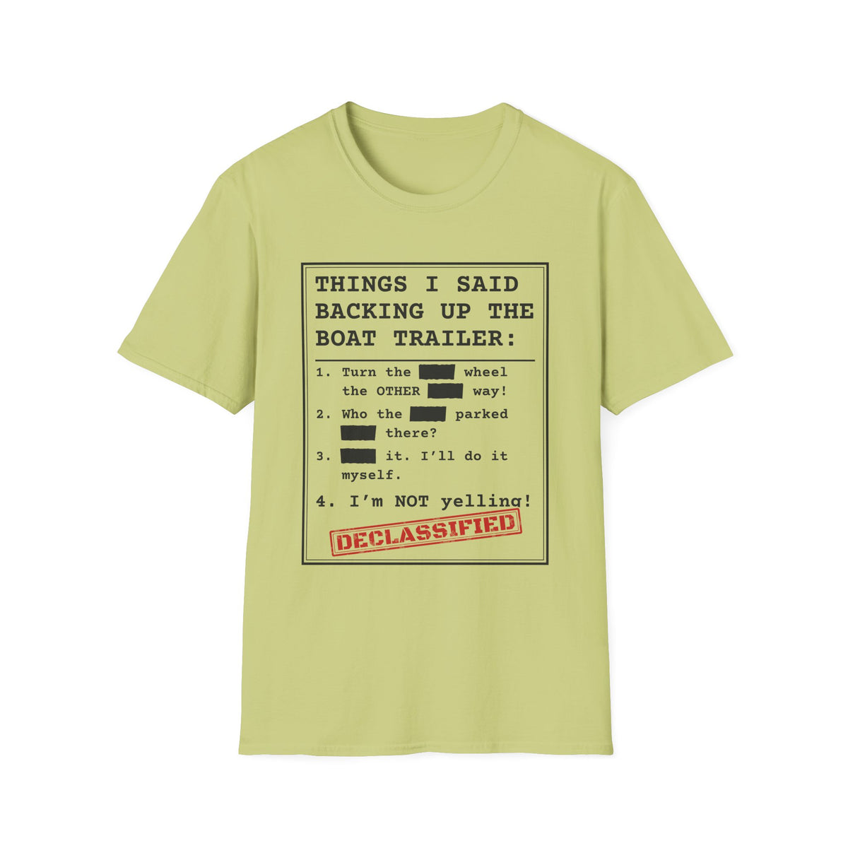 Backing Up the Boat Trailer t-shirt in Pistachio, front view