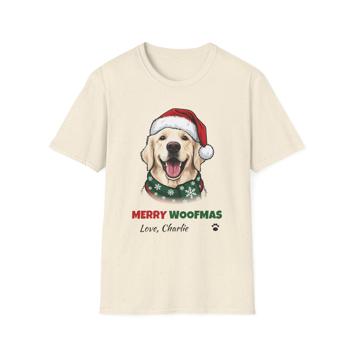 Merry Woofmas English Cream Golden Retriever Christmas t-shirt in Natural, front view