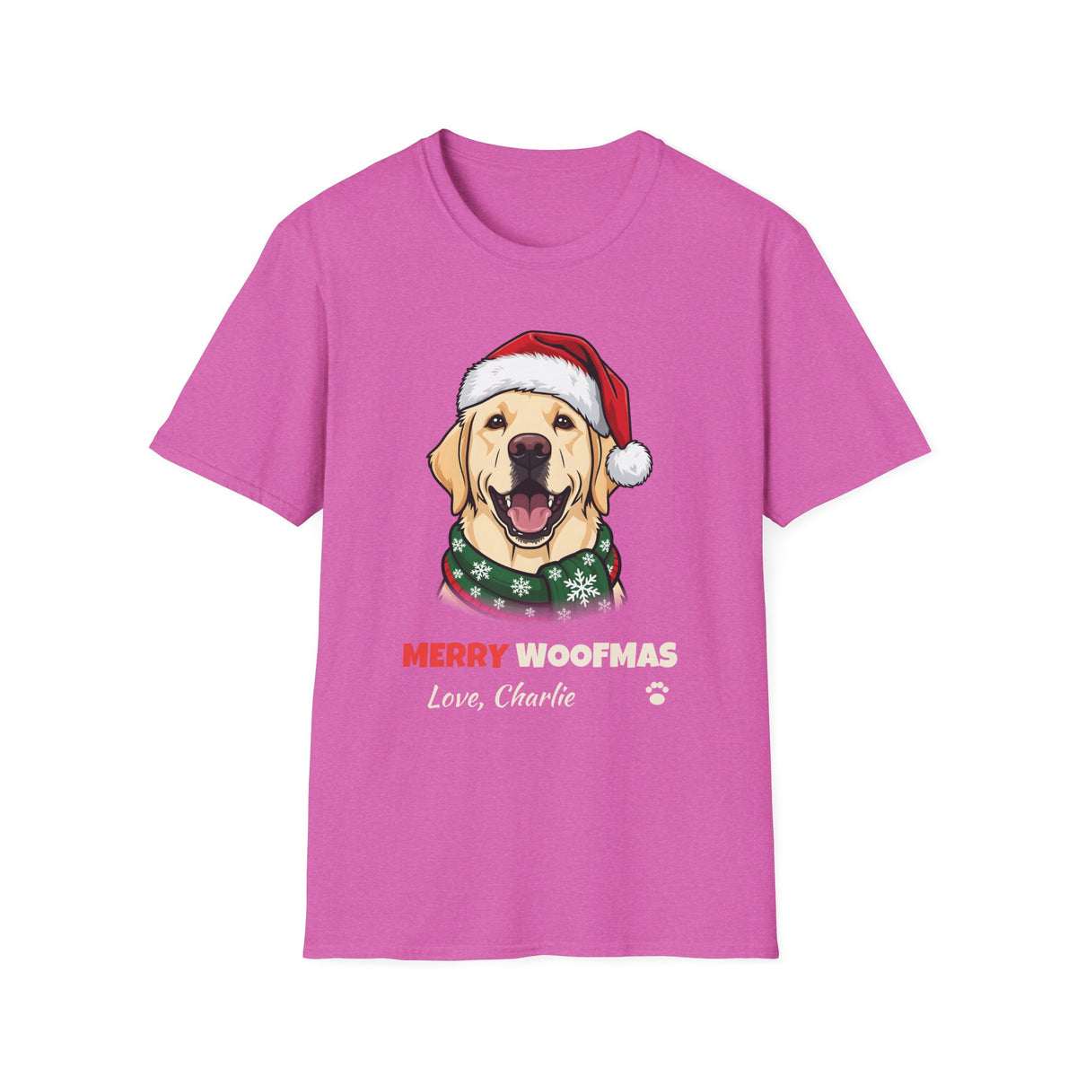Merry Woofmas Yellow Labrador Christmas t-shirt in Heather Berry, front view