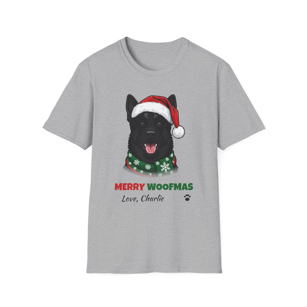 Merry Woofmas Black German Shepherd Christmas t-shirt in Sport Gray, front view