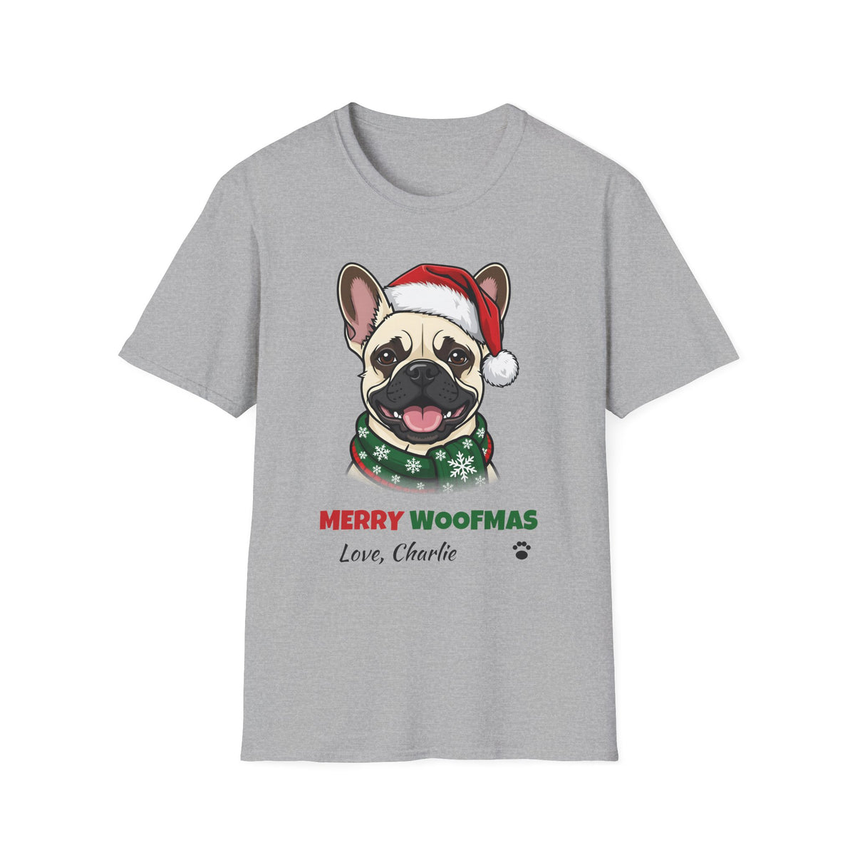 Merry Woofmas Cream French Bulldog Christmas t-shirt in Sport Gray, front view
