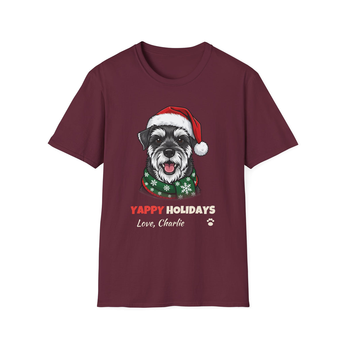 Yappy Holidays Miniature Schnauzer Christmas t-shirt in Maroon, front view