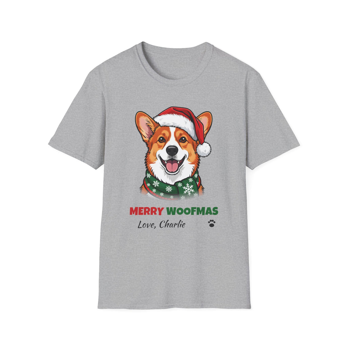 Merry Woofmas Corgi Christmas t-shirt in Sport Gray, front view