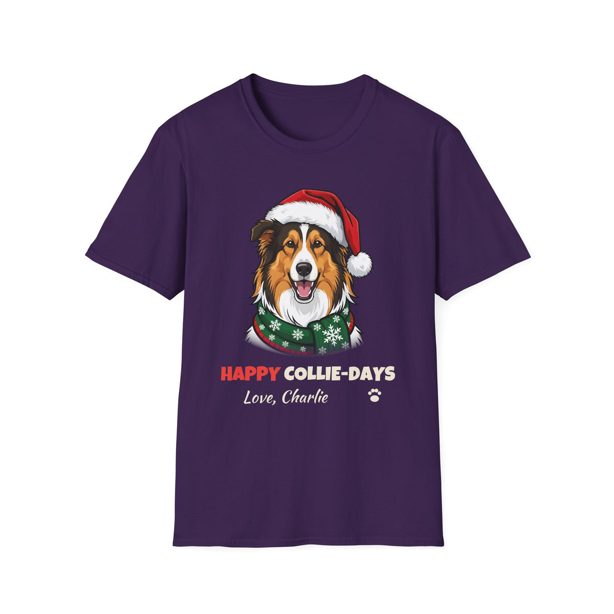 Happy Collie-Days Rough Collie Christmas t-shirt in Purple, front view