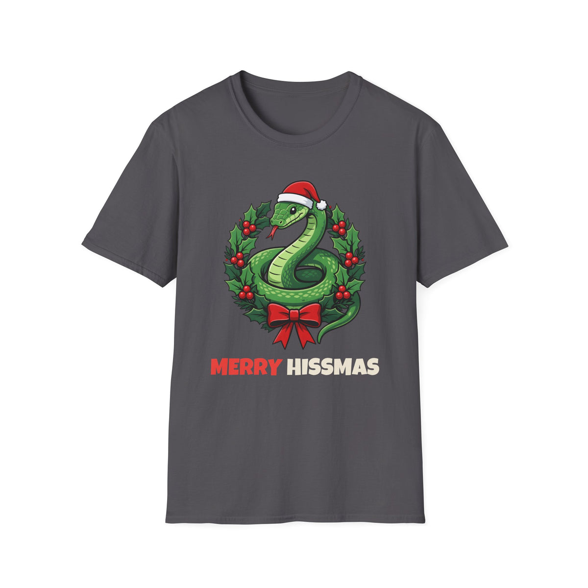 Merry Hissmas Christmas t-shirt in Charcoal, front view