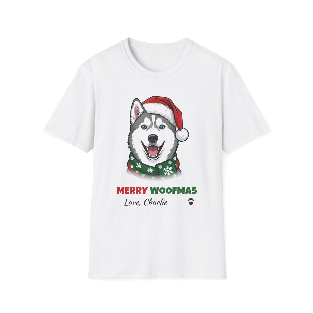 Merry Woofmas Siberian Husky Christmas t-shirt in White, front view