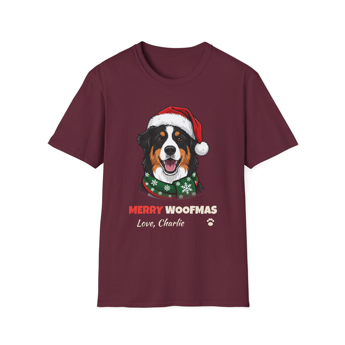 Merry Woofmas Australian Shepherd Christmas t-shirt in Maroon, front view
