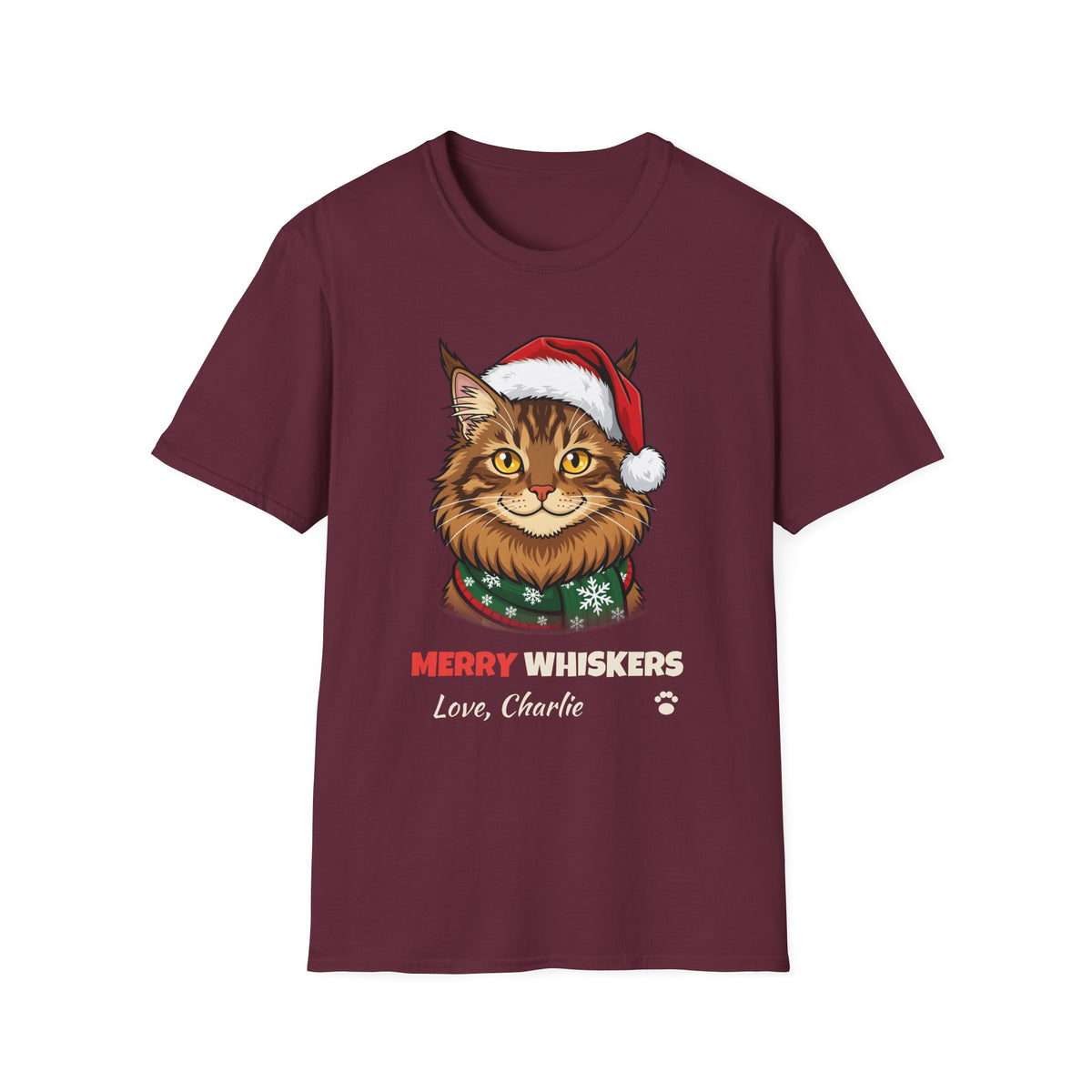 Merry Whiskers Maine Coon Cat Christmas t-shirt in Maroon, front view