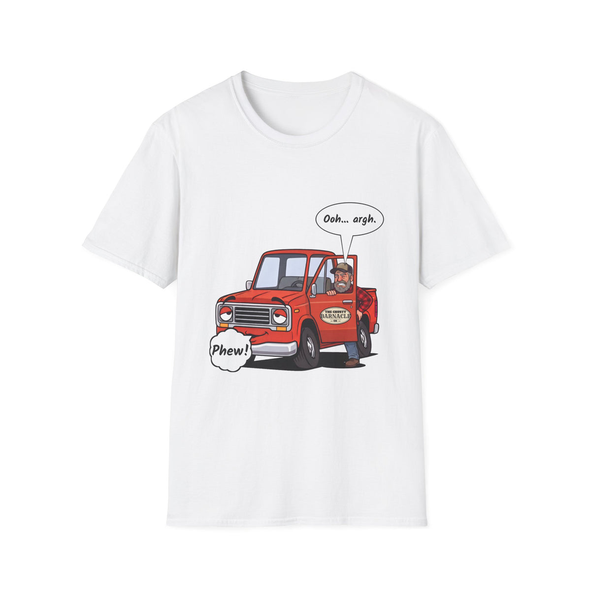 Tired Truck Phew t-shirt in White, front view