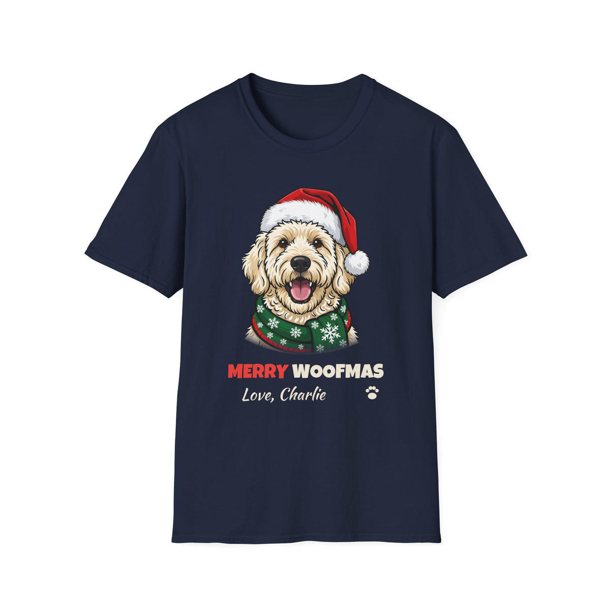 Merry Woofmas Labradoodle Christmas t-shirt in Navy, front view