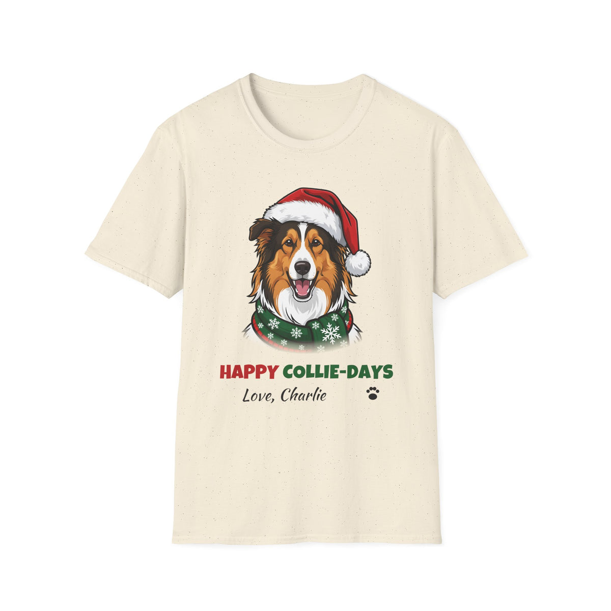 Happy Collie-Days Rough Collie Christmas t-shirt in Natural, front view