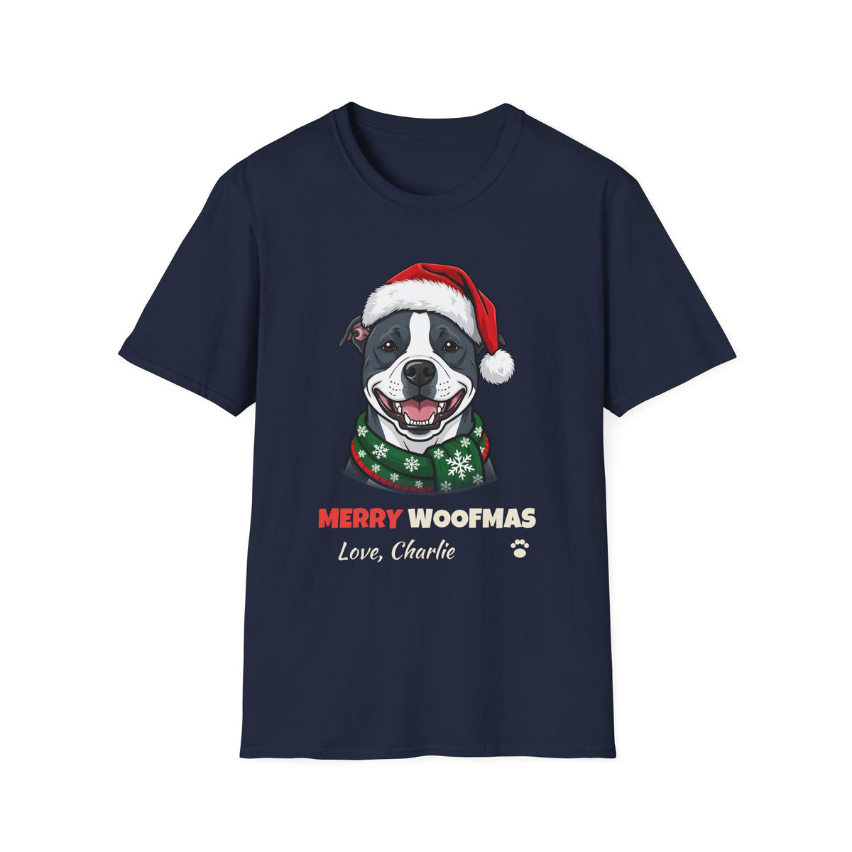 Merry Woofmas Blue Pit Bull Christmas t-shirt in Navy, front view