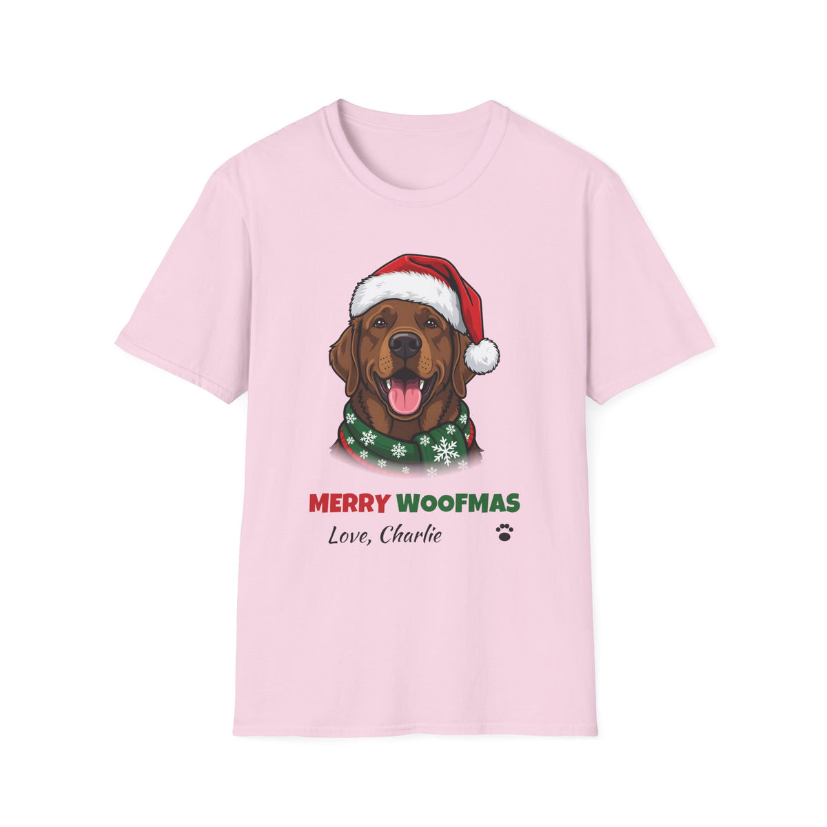Merry Woofmas Chocolate Labrador Christmas t-shirt in Light Pink, front view