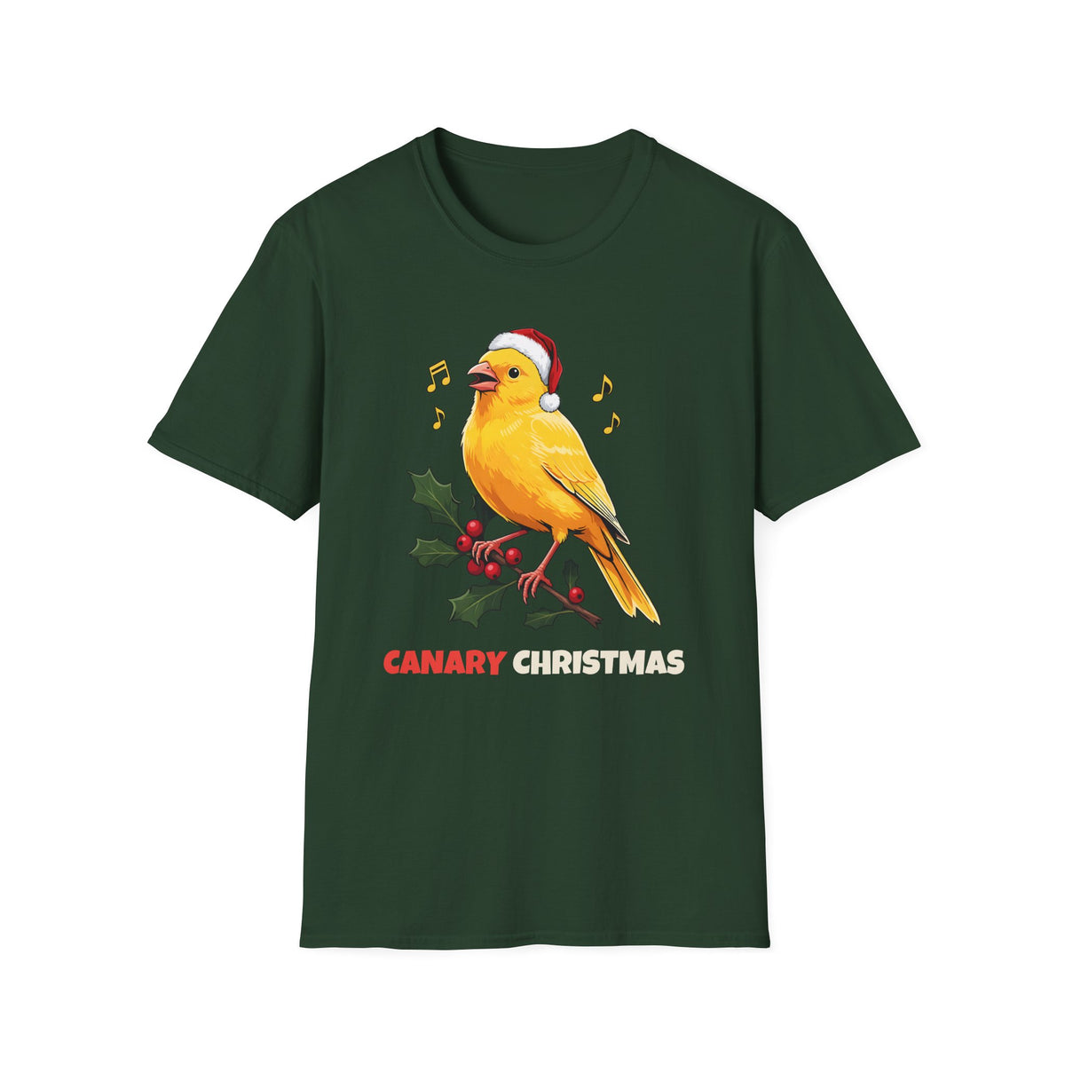 Canary Christmas t-shirt in Forest Green, front view
