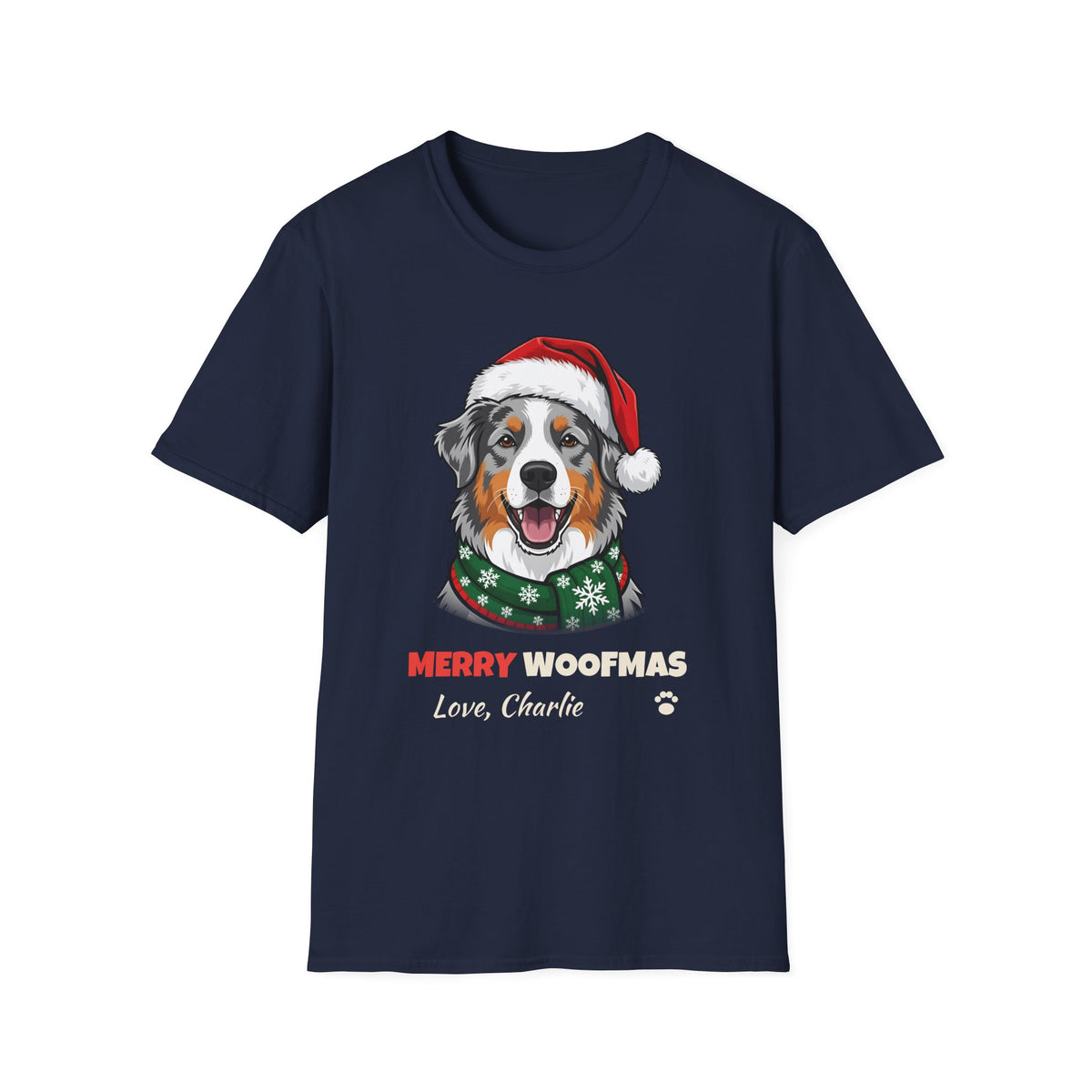 Merry Woofmas Blue Merle Australian Shepherd Christmas t-shirt in Navy, front view