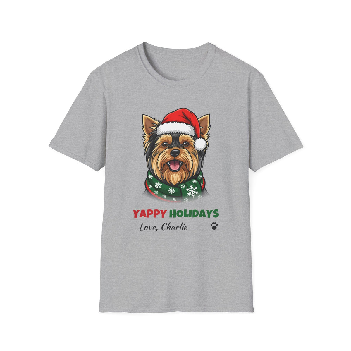 Yappy Holidays Yorkshire Terrier Christmas t-shirt in Sport Gray, front view