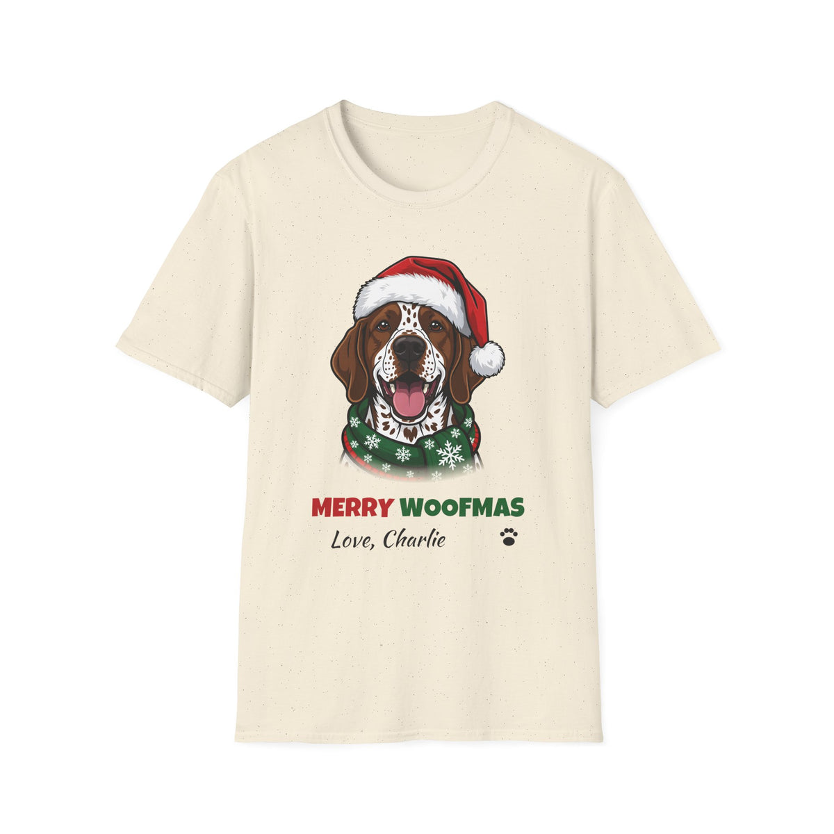 Merry Woofmas German Shorthaired Pointer Christmas t-shirt in Natural, front view