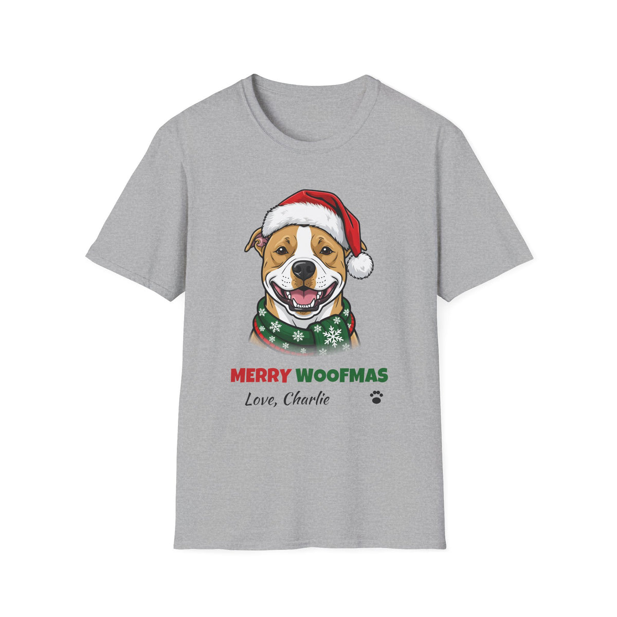 Merry Woofmas Pit Bull Christmas t-shirt in Sport Gray, front view