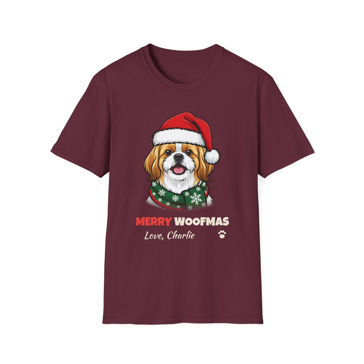 Merry Woofmas Shih Tzu Christmas t-shirt in Maroon, front view
