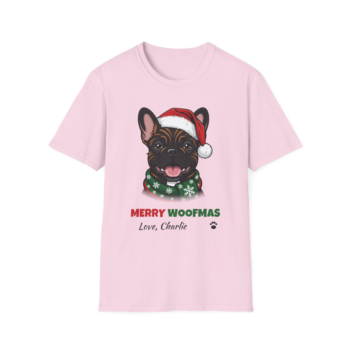 Merry Woofmas Brindle French Bulldog Christmas t-shirt in Light Pink, front view