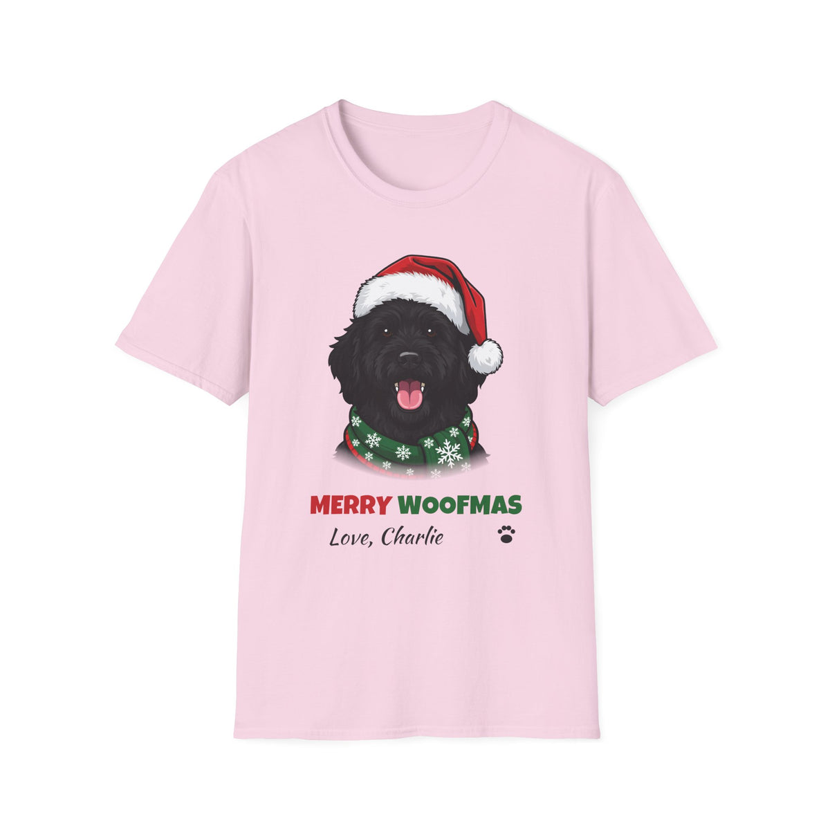 Merry Woofmas Black Goldendoodle Christmas t-shirt in Light Pink, front view