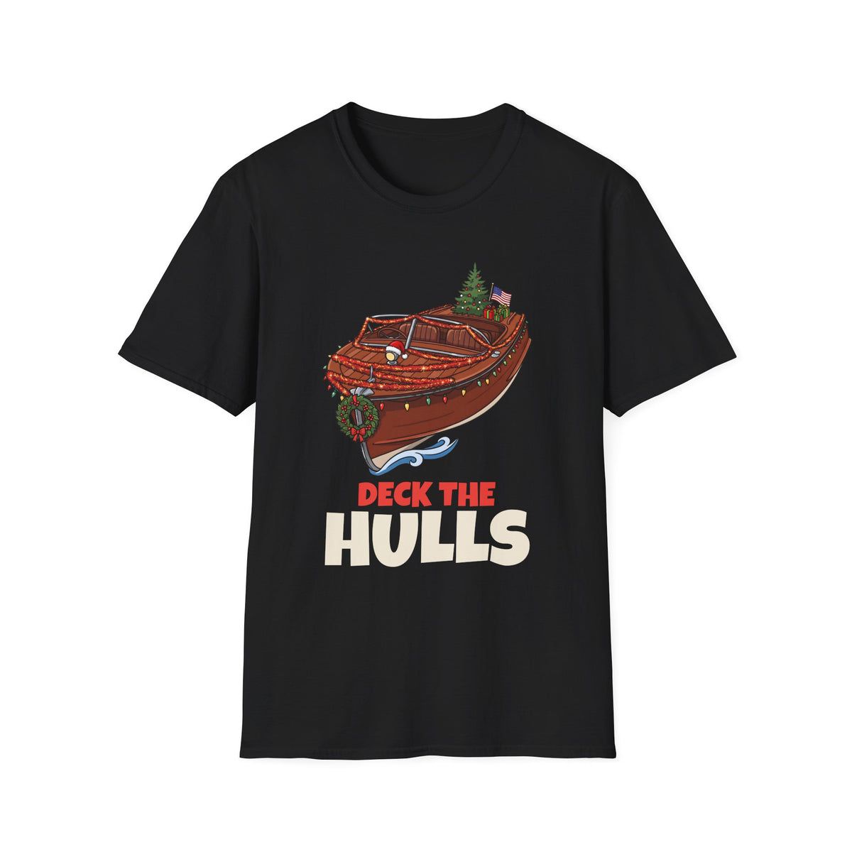 Deck the Hulls Christmas t-shirt in Black, front view