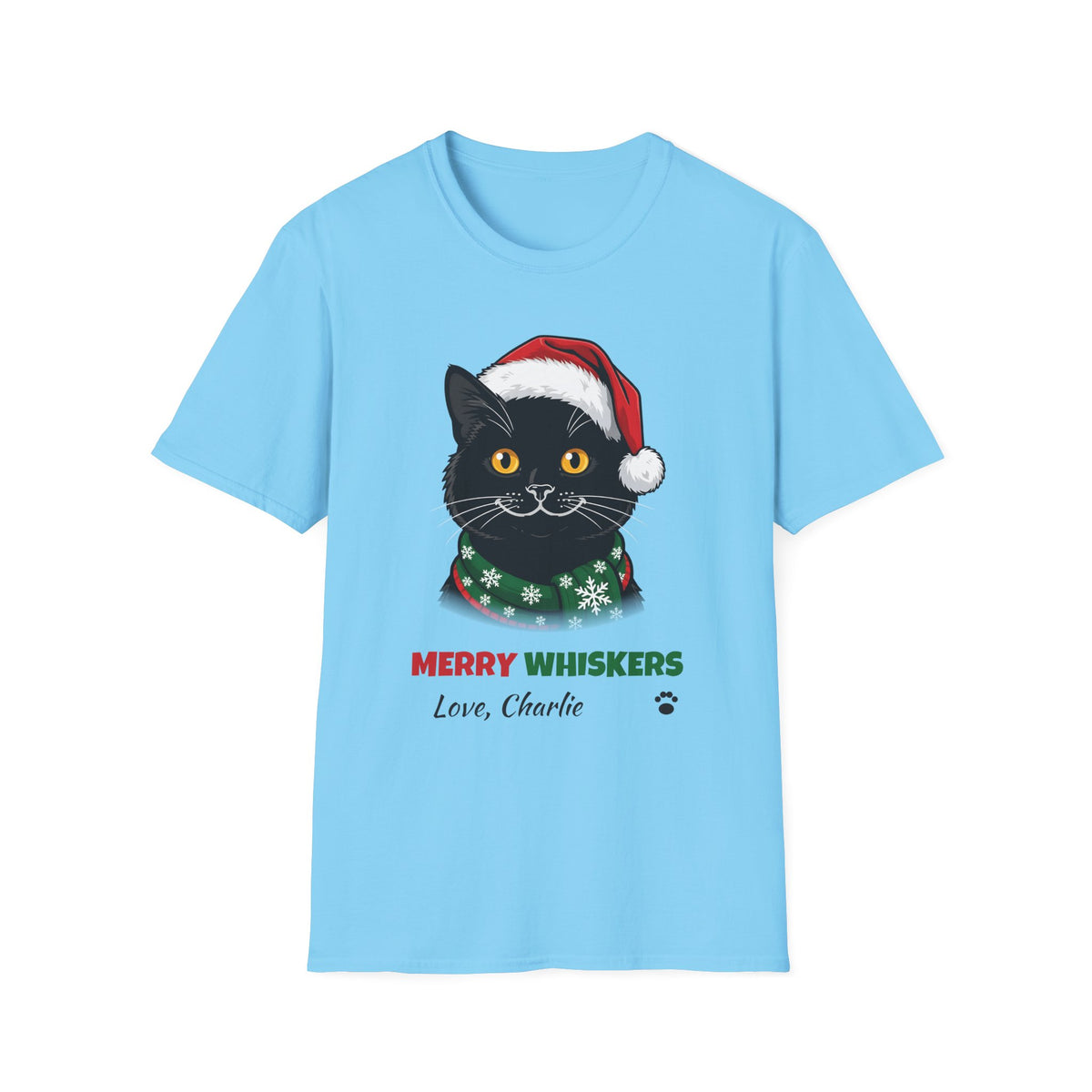 Merry Whiskers Black Cat Christmas t-shirt in Sky, front view