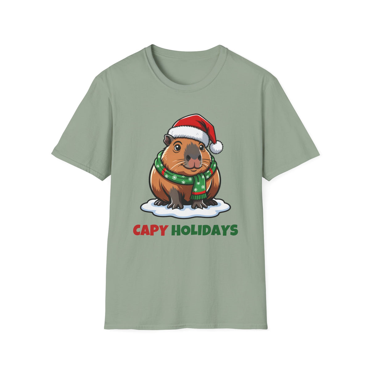 Capy Holidays Christmas t-shirt in Sage, front view