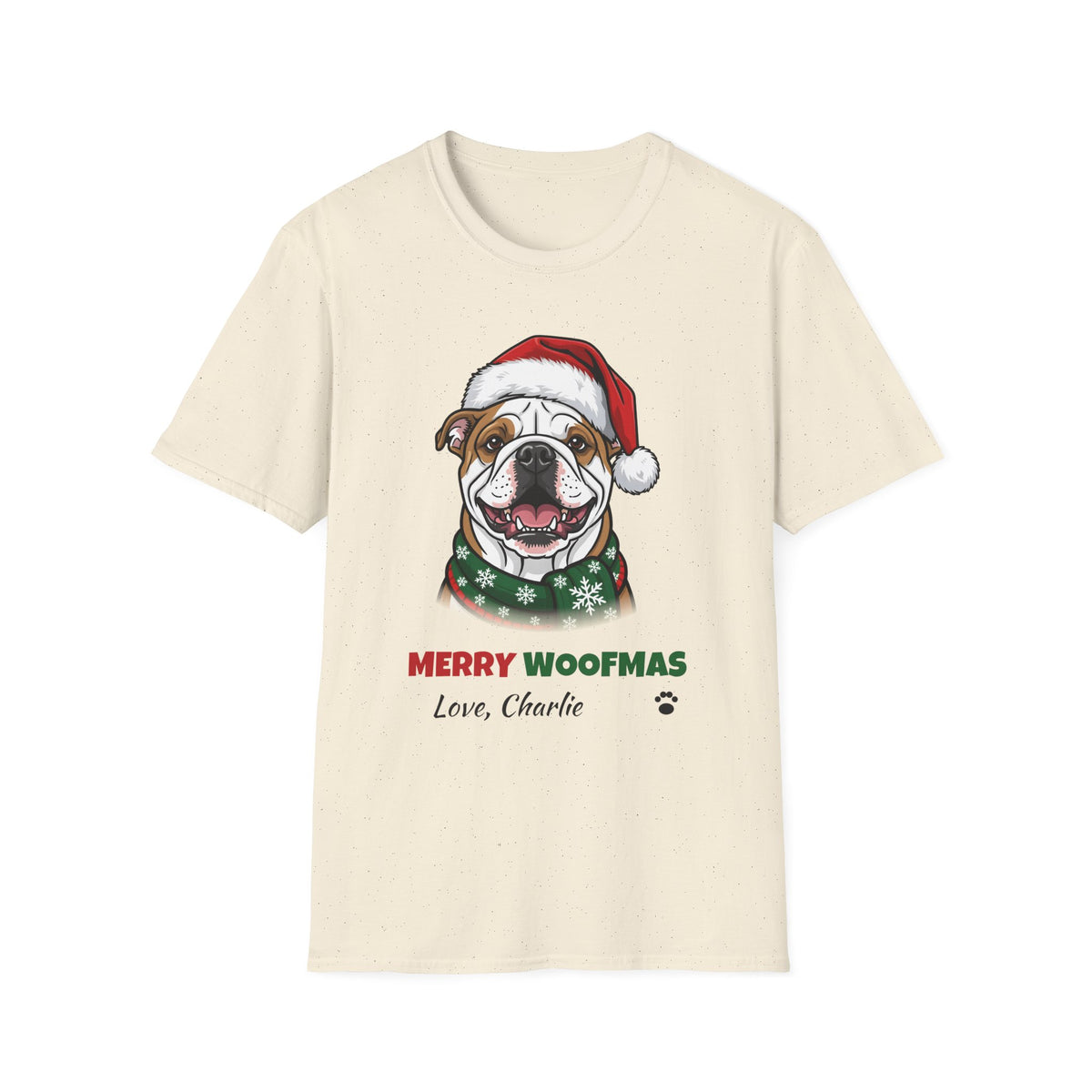 Merry Woofmas Bulldog Christmas t-shirt in Natural, front view