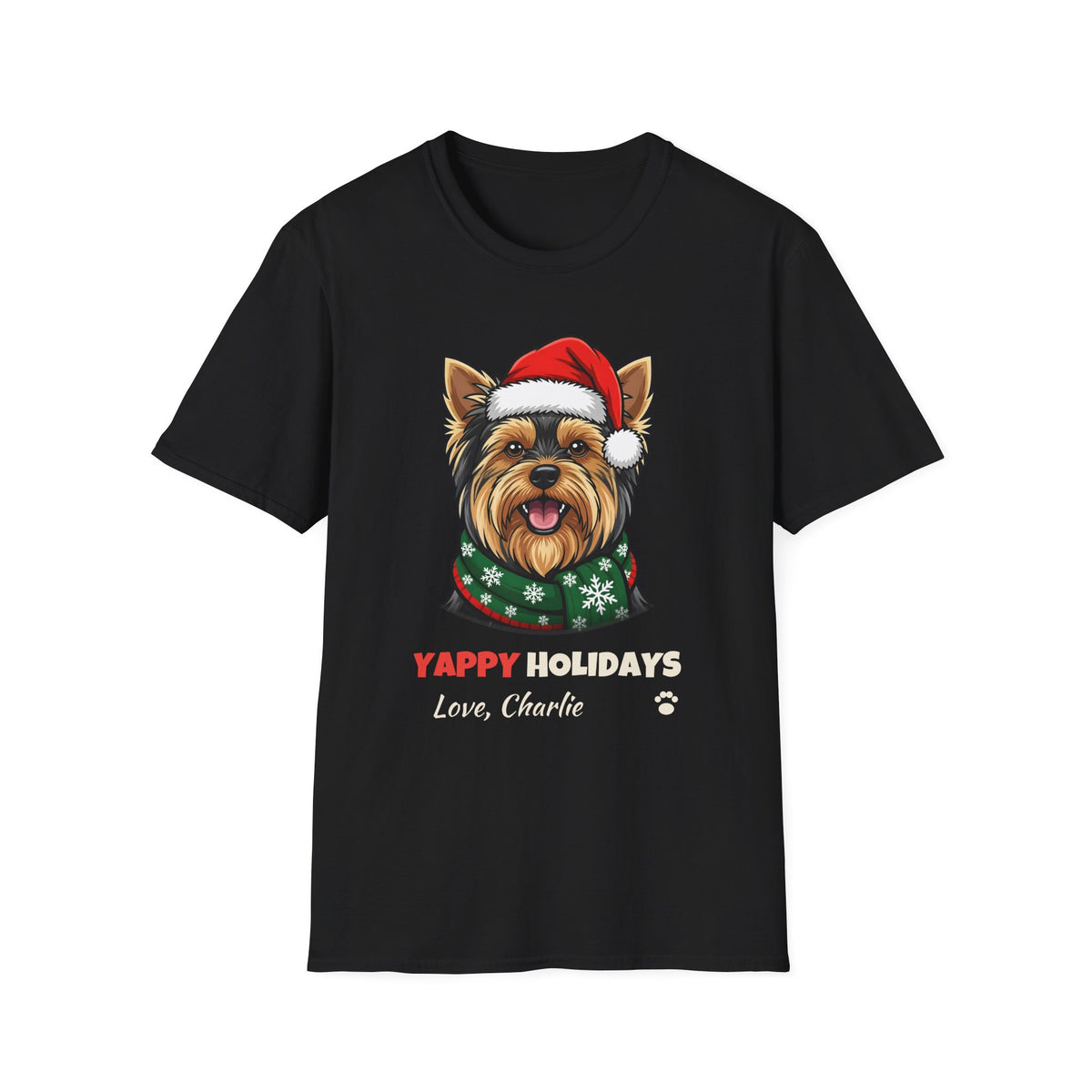 Yappy Holidays Yorkshire Terrier Christmas t-shirt in Black, front view