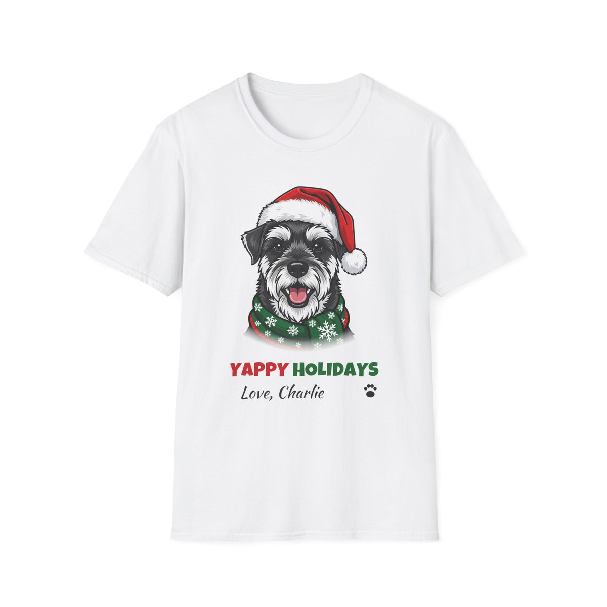 Yappy Holidays Miniature Schnauzer Christmas t-shirt in White, front view
