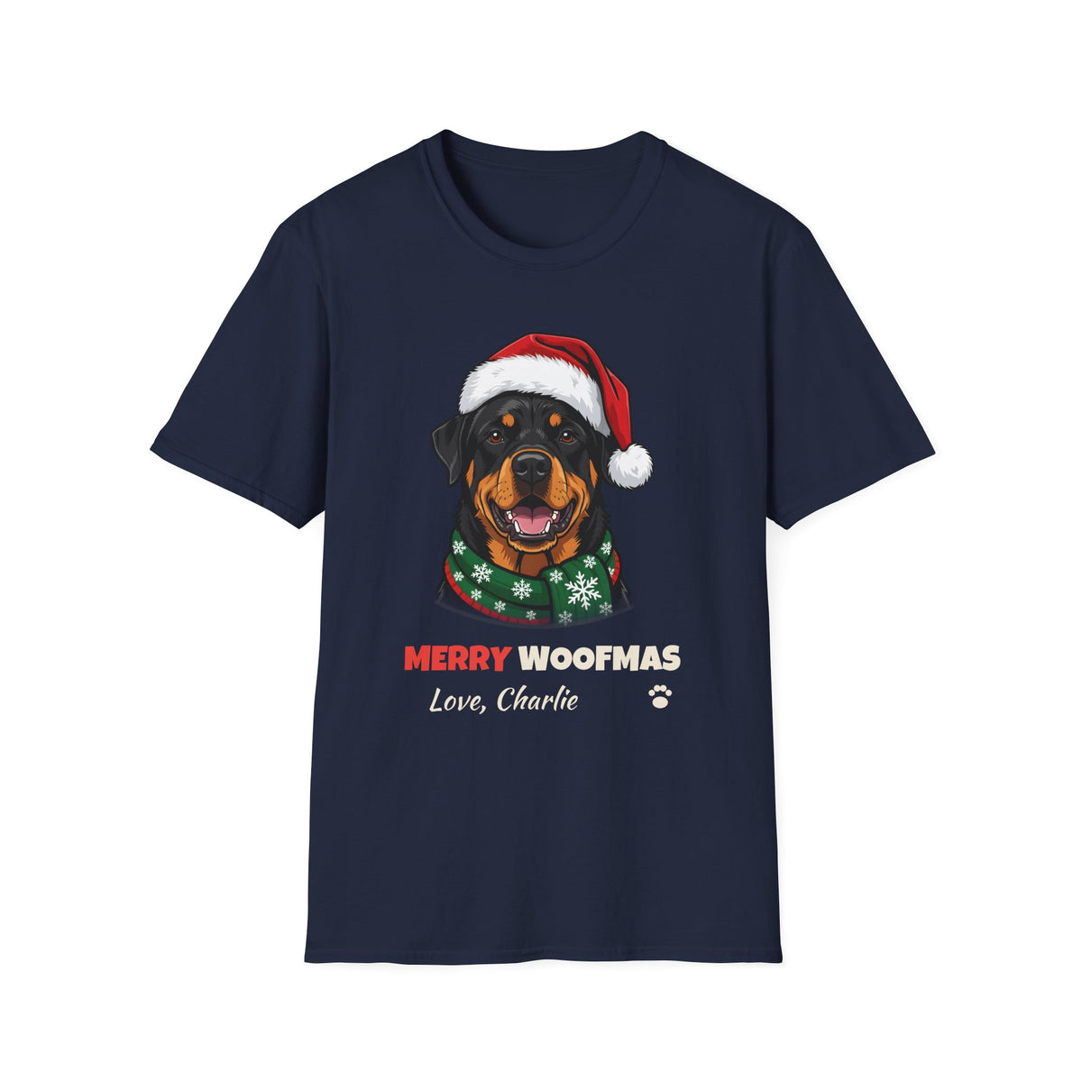 Merry Woofmas Rottweiler Christmas t-shirt in Navy, front view
