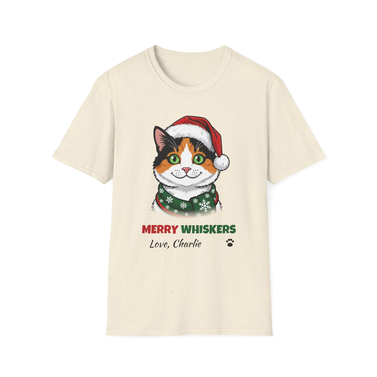 Merry Whiskers Calico Cat Christmas t-shirt in Natural, front view