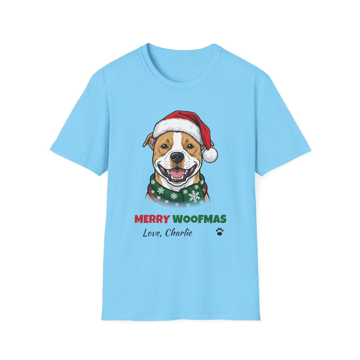 Merry Woofmas Pit Bull Christmas t-shirt in Sky, front view