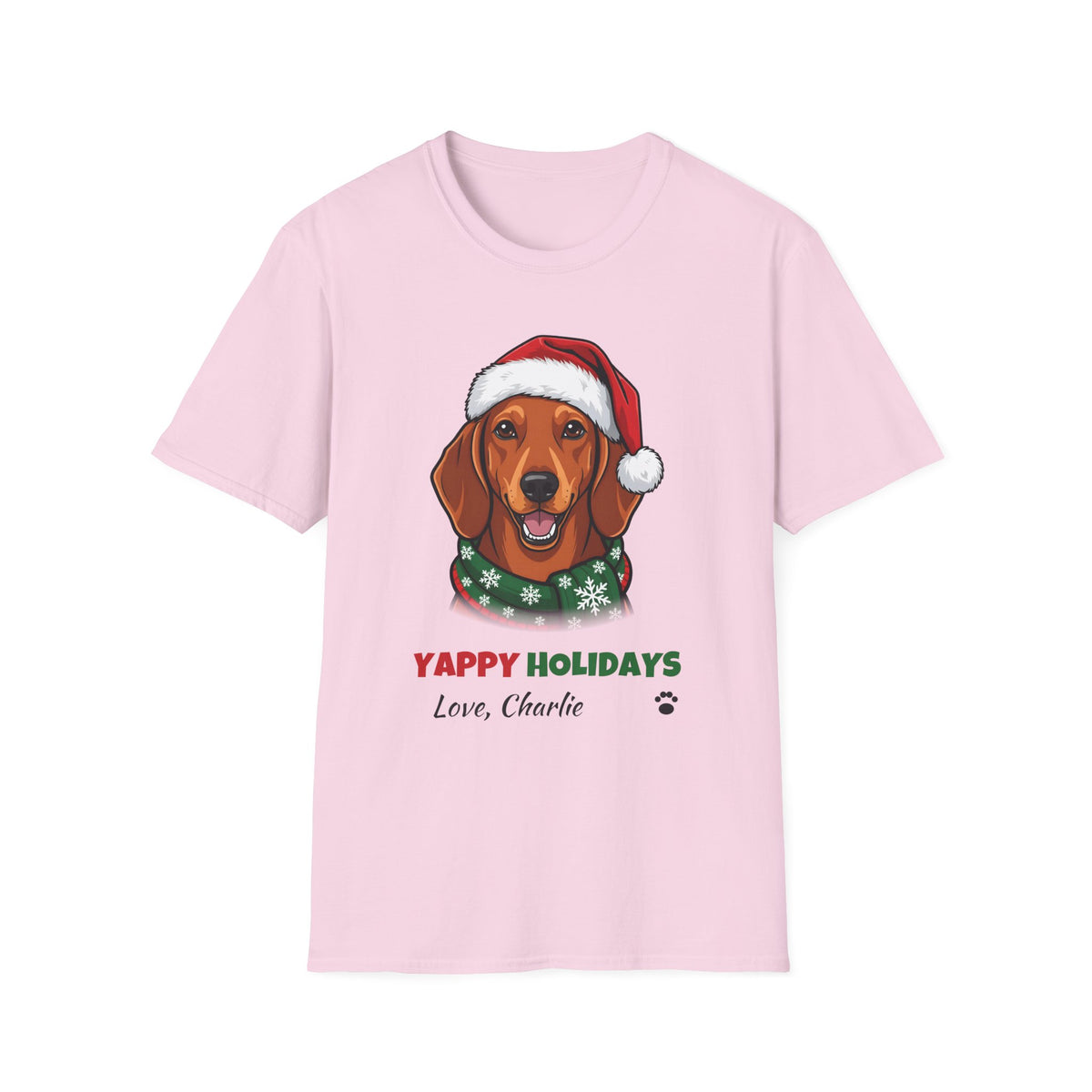 Yappy Holidays Dachshund Christmas t-shirt in Light Pink, front view