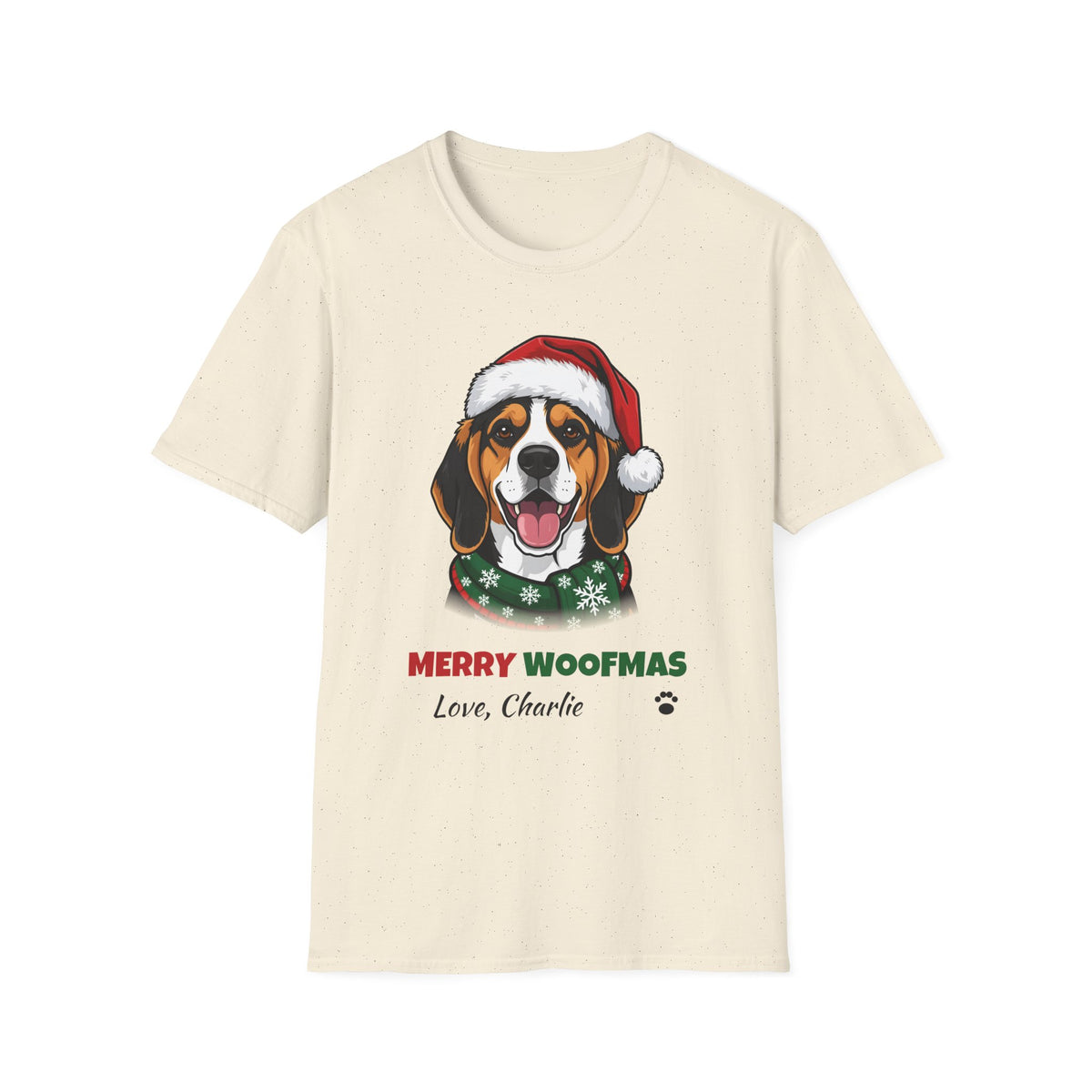 Merry Woofmas Beagle Christmas t-shirt in Natural, front view