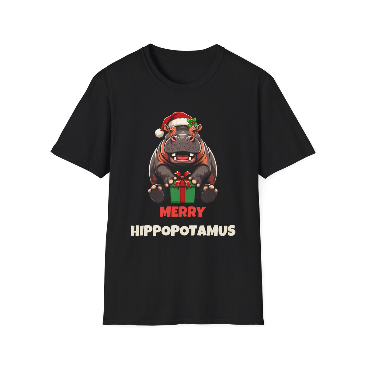Merry Hippopotamus Christmas t-shirt in Black, front view