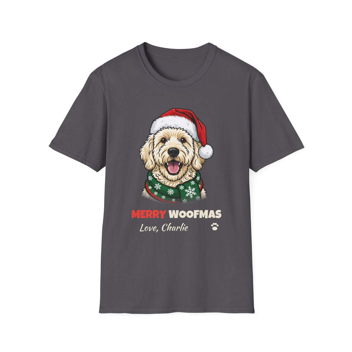 Merry Woofmas Labradoodle Christmas t-shirt in Charcoal, front view