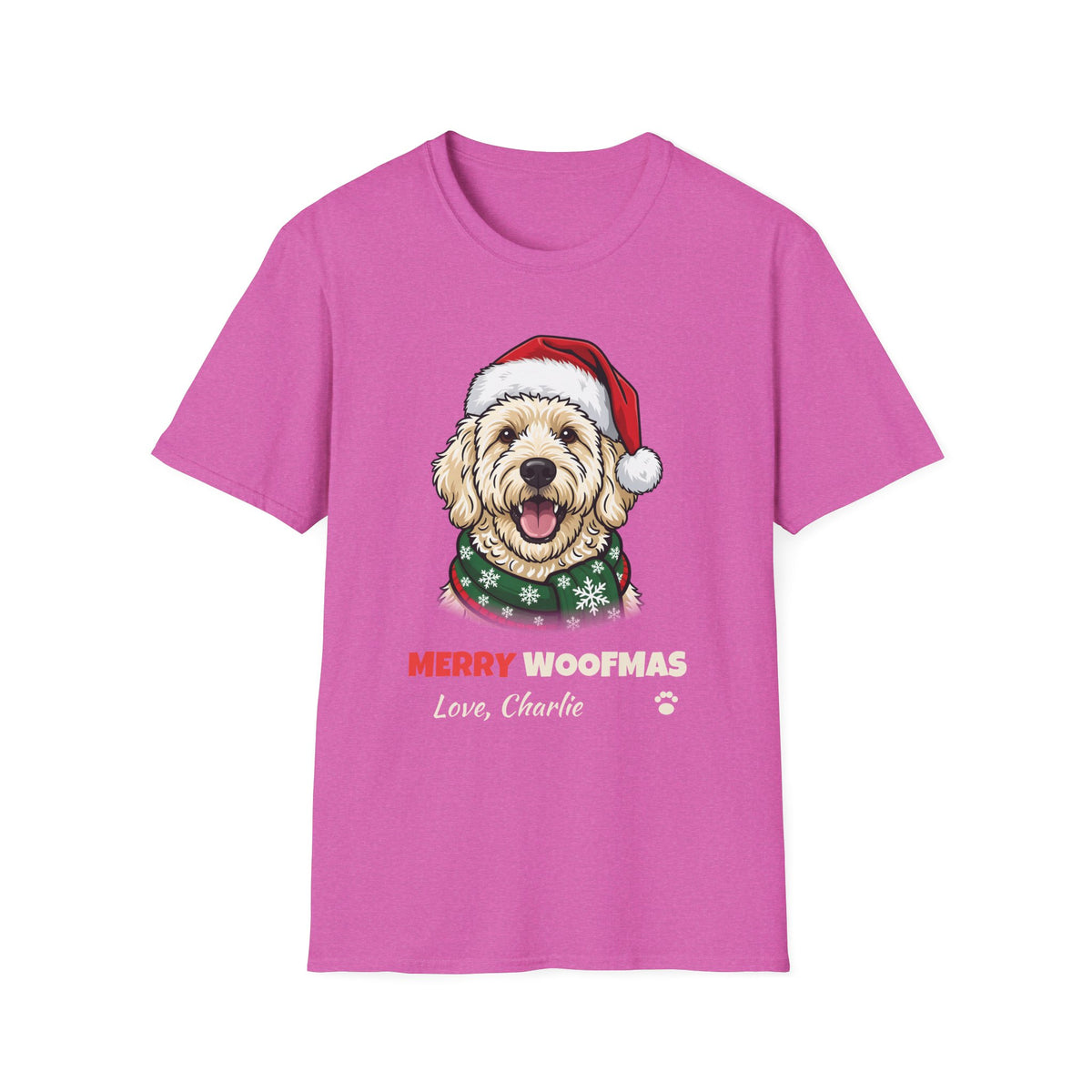 Merry Woofmas Labradoodle Christmas t-shirt in Heather Berry, front view