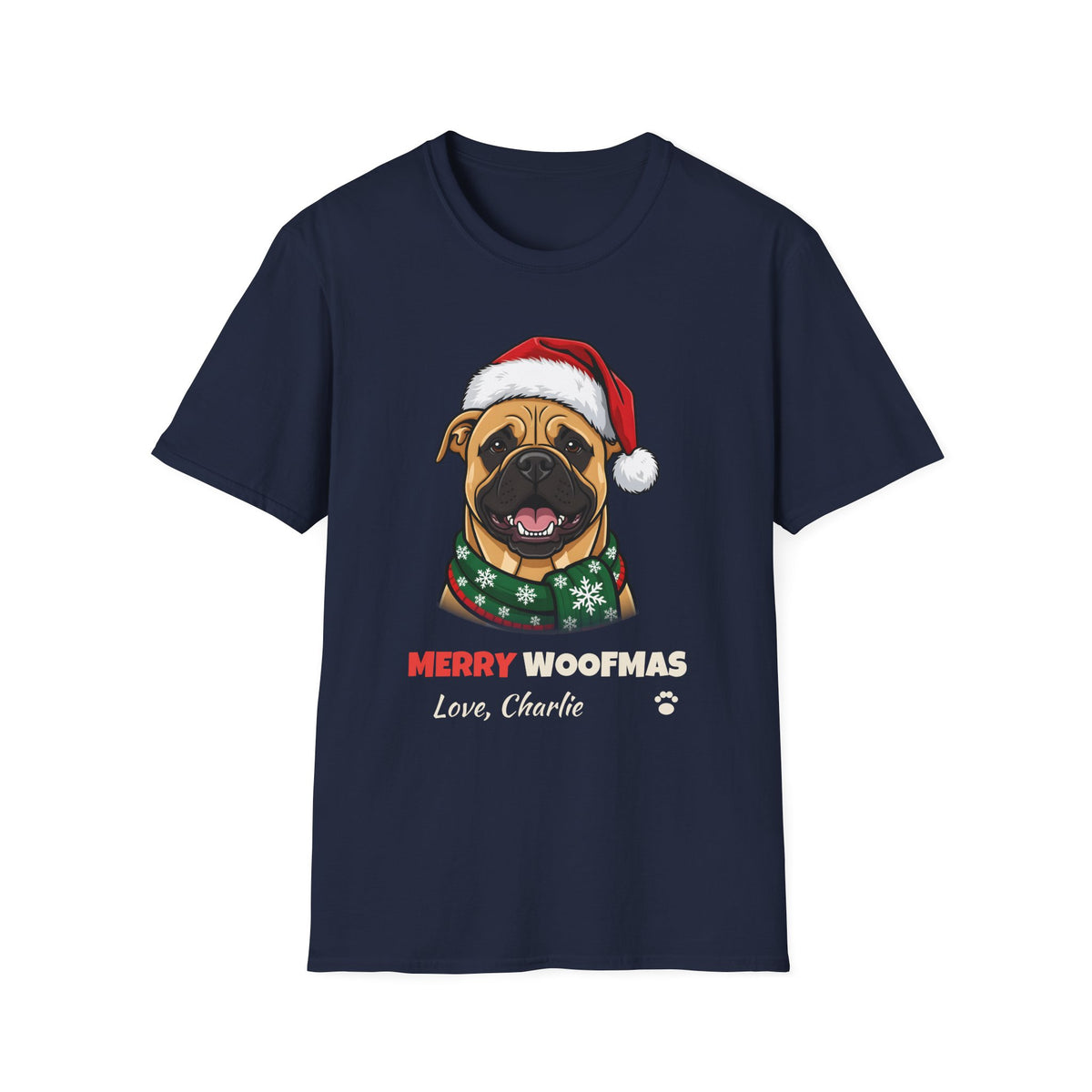 Merry Woofmas Bullmastiff Christmas t-shirt in Navy, front view